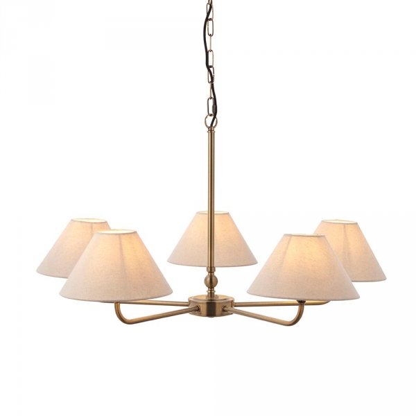 Klasyczna lampa wisząca pięciopłomienna abażurowa lniana mosiężna minimalistyczna uniwersalna Lille 117833 ENDON