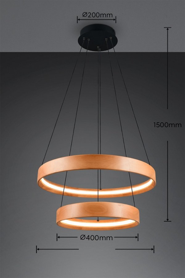 Lampa wisząca LED podwójny okrąg drewniana klasyczna nowoczesna ściemnialna LYNWOOD 355039130 Trio 