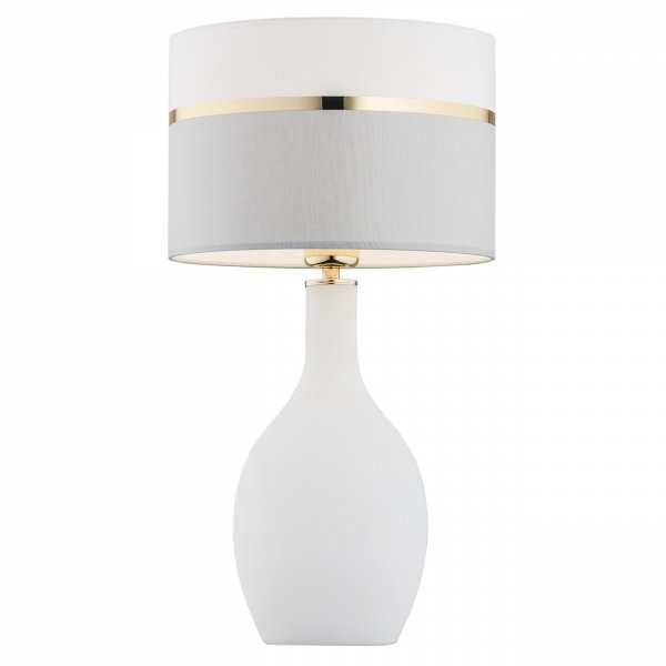 Elegancka biała lampa stołowa lampka nocna szklana uniwersalna z dekoracyjnym abażurem ze złotymi elementami dekor BEJA 4359 Argon