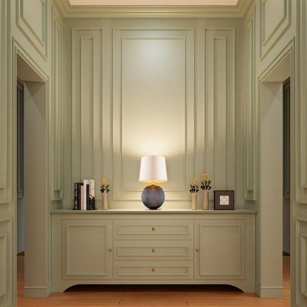 Elegancka lampa stołowa lampka nocna ciemne szkło kula beżowy abażur satyna mosiądz do salonu HAMILTON 8538  Argon