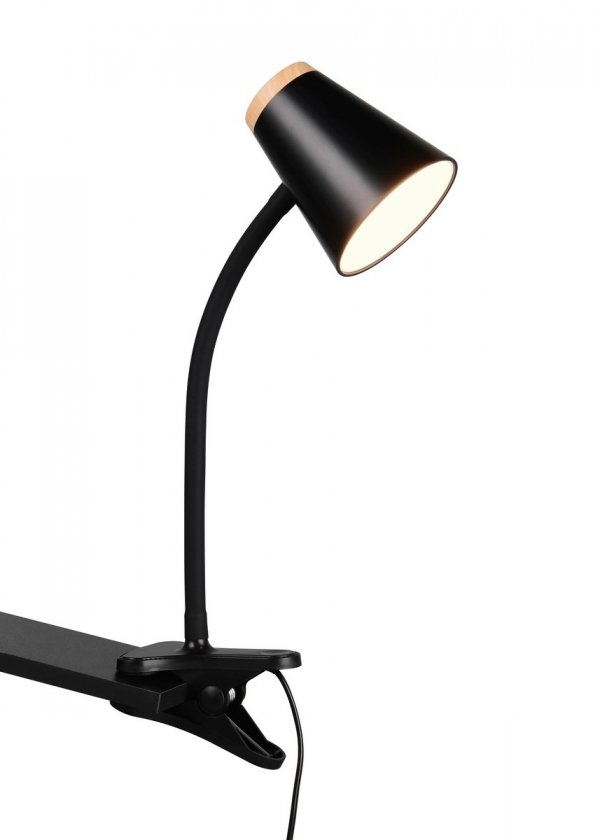 Lampa biurkowa nocna na klipsie LED czarna minimalistyczna klasyczna nowoczesna drewniany dekor PONGO R25831102 Rl