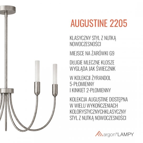Rozłożysty żyrandol 5-płomienny niklowany świecznikowy minimalistyczny klasyczny AUGUSTINE 2205 Argon