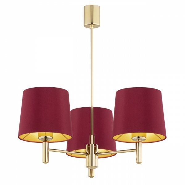 Żyrandol aksamitny czerwony abażur w czerwieni lampa wisząca 3 płomienna kwintesencja elegancji i stylu PONTE PLUS 6266 Argon 