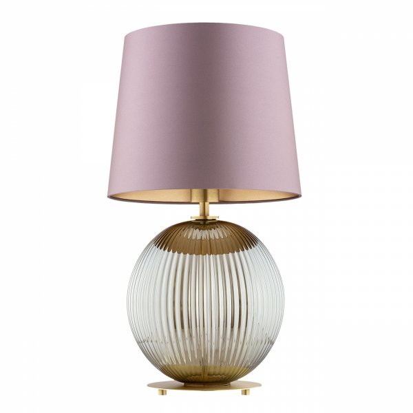 Lampa stołowa lampka nocna elegancka dziewczęca kula ryflowane ciemne dymione szkło różowy abażur satyna mosiądz szczotkowany HAMILTON 8531 Argon