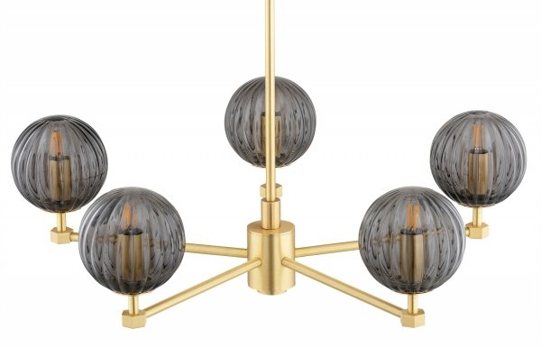 Złoty żyrandol designerski elegancki 5 ramion ciemne kule szkło ryflowane mosiądz szczotkowany PALOMA 2186 Argon