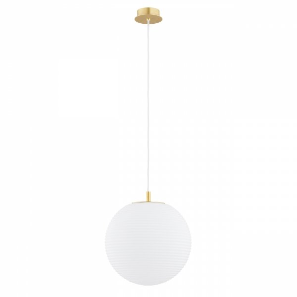 Prosta lampa wisząca minimalistyczna szklana kula ryflowana poziomo biała mosiądz okrągła podsufitka elegancka EVANS 8578 Argon