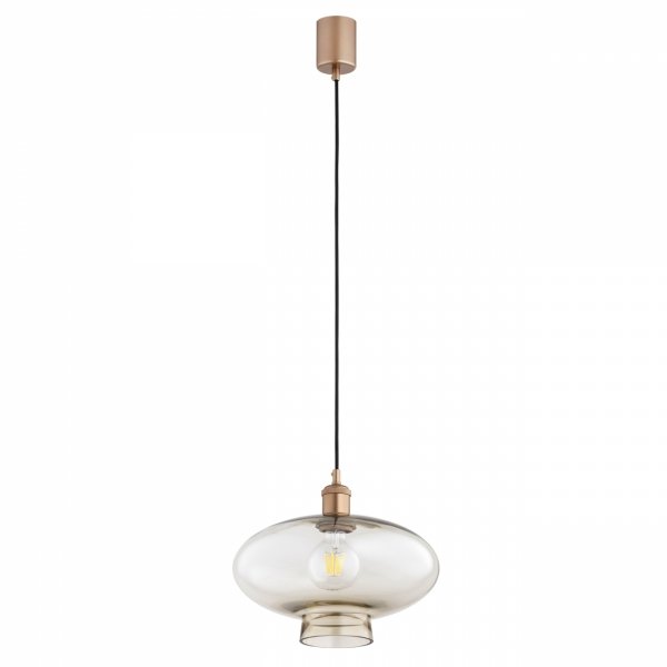 Nowoczesna szklana lampa wisząca Tresco 9012 z dymionym kloszem w kolorze szampańskim i miedzianym wykończeniem nad stołem w jadalni.