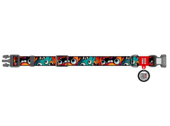 Collar WauDog Nylon Obroża nylonowa z QR-paszportem, plastikowy fastex, wzór ZĘBATE POTWORY, XXL 35mm/46-70cm