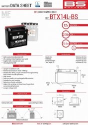 BS AKUMULATOR BTX14L-BS (YTX14L-BS) 150X87X145 BEZOBSŁUGOWY - ELEKTROLIT OSOBNO (4) UE2019/1148