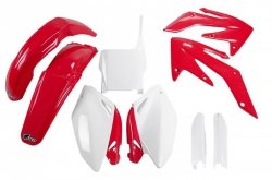 UFO KOMPLET PLASTIKÓW (FULL KIT) Z OSŁONAMI TELESKOPÓW (AMORTYZATORÓW) HONDA CRF 250R 04-05 KOLOR OEM (CZERWONY/BIAŁY) (HO104E99
