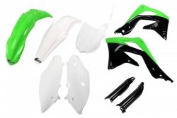 UFO KOMPLET PLASTIKÓW (FULL KIT) Z OSŁONAMI TELESKOPÓW (AMORTYZATORÓW) KAWASAKI KXF 450 13-15 KOLOR OEM (ZIELONY/BIAŁY/CZARNY) (