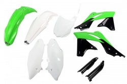 UFO KOMPLET PLASTIKÓW (FULL KIT) Z OSŁONAMI TELESKOPÓW (AMORTYZATORÓW) KAWASAKI KXF 250 13-16 KOLOR OEM 14-15 (ZIELONY/BIAŁY/CZA