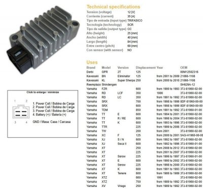 DZE REGULATOR NAPIĘCIA YAMAHA XT 225 SEROW 98-03; XT 250 08-12; XT 600E/K 91-02; XT 600Z TENERE 86-89; XTZ 750 SUPER TENERE 89-9
