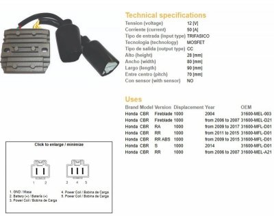 DZE REGULATOR NAPIĘCIA HONDA CBR1000 RR 06-15 MOSFET (50A) (31600-MFL-D01, 31600-MEL-A21) (ESR680;ESR439)