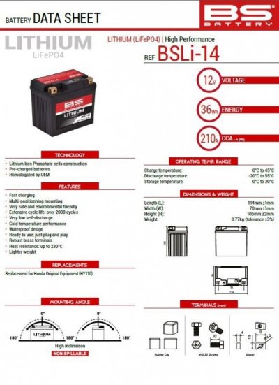 BS AKUMULATOR LITOWO-JONOWY ZE WSKAŹNIKIEM NAŁADOWANIA LIFEPO4 BSLI-14 (114X70X105) (210A,36WH,3AH) (4) HONDA CRF 1100 AFRICA TW