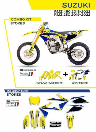 UFO KOMPLET PLASTIKÓW SUKIT418102 PLUS KOMPLET NAKLEJEK (OKLEIN) SUZUKI RMZ 250 19-22; RMZ 450 18-22 W ZESTAWIE PRZEDNIA TABLICA