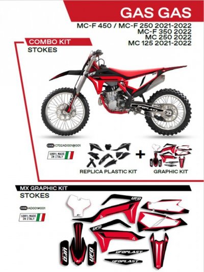 UFO KOMPLET PLASTIKÓW GGKIT702001 PLUS KOMPLET NAKLEJEK (OKLEIN) GAS GAS MC 125 21-22; MC 250 22; MCF 250/350/450 21-22 W ZESTAW