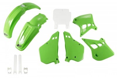 UFO KOMPLET PLASTIKÓW (FULL KIT) Z OSŁONAMI TELESKOPÓW (AMORTYZATORÓW) KAWASAKI KX 125 90-91, KOLOR OEM (ZIELONY/BIAŁY) (KA196E9