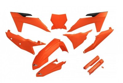 UFO KOMPLET PLASTIKÓW (FULL KIT) Z OSŁONAMI TELESKOPÓW (AMORTYZATORÓW) KTM SX 125 / 250 / 300 TBI 23-24, SX-F 250 / 350 / 450 23