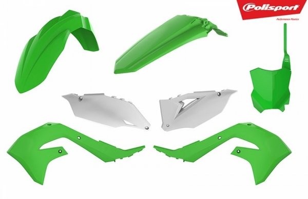 POLISPORT KOMPLET PLASTIKÓW KAWASAKI KX 250F '21-'23; KX 450F '19-'23 W ZESTAWIE TABLICA PRZEDNIA KOLOR ZIELONO BIAŁY OEM