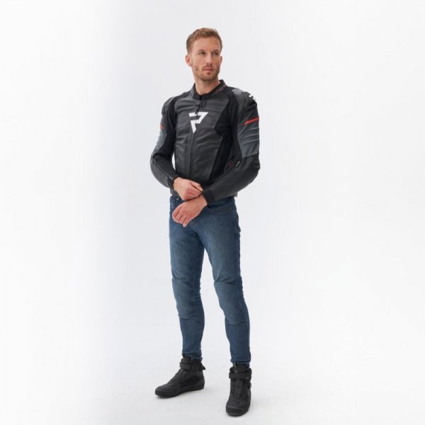 KURTKA MOTOCYKLOWA SKÓRZANA REBELHORN VELOCE BLACK GREY FLUO RED 48