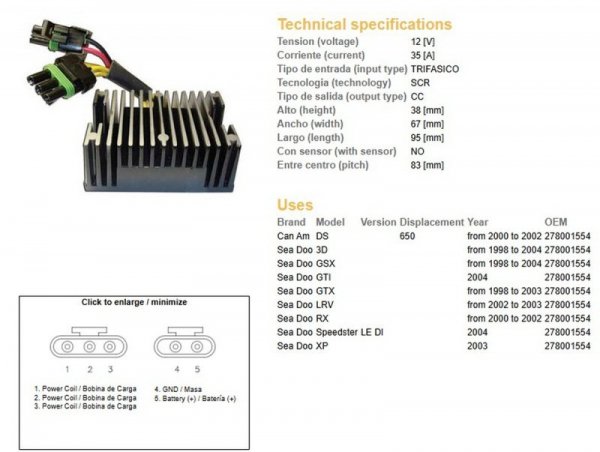 DZE REGULATOR NAPIĘCIA CAN-AM DS 650 00-02; SEA DOO 3D/GSX/GTX/RX/XP/LRV 98-04 (OEM 278001554) (35A)