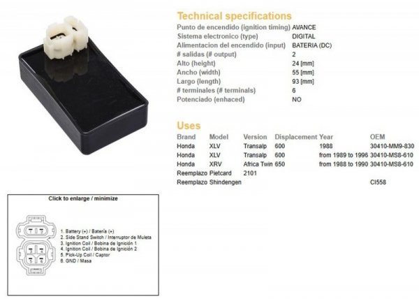 DZE MODUŁ ZAPŁONU CDI HONDA XL 600V TRANSALP 89-99; XRV 650 AFRICA TWIN 88-00 (30410-MS8-610)