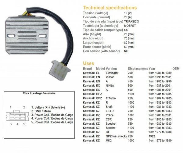 DZE REGULATOR NAPIĘCIA KAWASAKI EL 250 88-89; EN 450A 85-90; EX 500A 87-01; GPZ 750E 84-85; GPZ 1100 81-85; KZ 750LTD 80--83; KZ