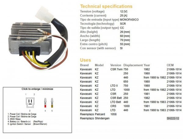 DZE REGULATOR NAPIĘCIA KAWASAKI KZ 250 80; KZ 440LTD 80-83; KZ 650/750 80; KZ 1000LTD 80-83 (SH222-12)