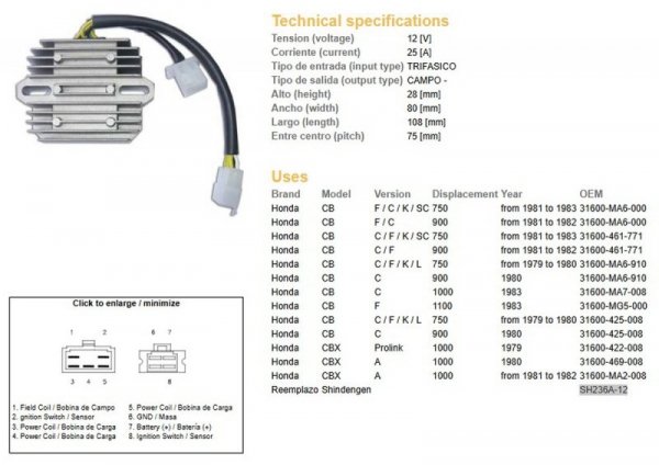 DZE REGULATOR NAPIĘCIA HONDA CB 750F/C/K 81-83; CB 900 81-82; CB 1000 83; CBX 1000A 81-82 (OEM-31600-MA6-000) (ESR210) (31600-46