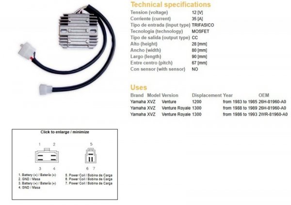 DZE REGULATOR NAPIĘCIA YAMAHA XVZ 1200 VENTURE 83-85; XVZ 1300 VENTURE ROYALE 86-93 (26H-81960-A0; 2WR-81960-A0)