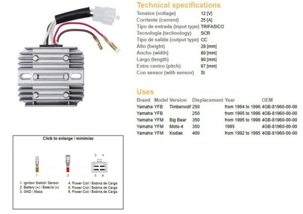 DZE REGULATOR NAPIĘCIA YAMAHA YFB 250 TIMBERWOLF 94-96; YFM 350 BIG BEAR 95-96; YFM 400 KODIAK 92-95 (4GB-81960-00-00)