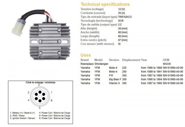 DZE REGULATOR NAPIĘCIA YAMAHA YFM 225/250 MOTO-4 86-91; YFM 350 FW 87-89; YFM 350 BIG BEAR 90-94; YFM 350X WARRIOR 87-95 (59V-81