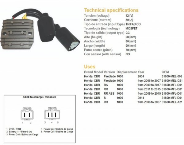 DZE REGULATOR NAPIĘCIA HONDA CBR 1000RR FIREBLADE 04-15 (50A) (31600-MFL-D01; 31600-MEL-A21) (ESR680;ESR439)