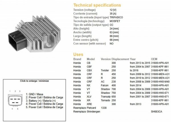 DZE REGULATOR NAPIĘCIA HONDA CB 300 13-15; CBF 250 04-07; CRF 250/450R 09-12; VT 700 SHADOW 04-09; VT 750 SHADOW 04-09; XL 650V 