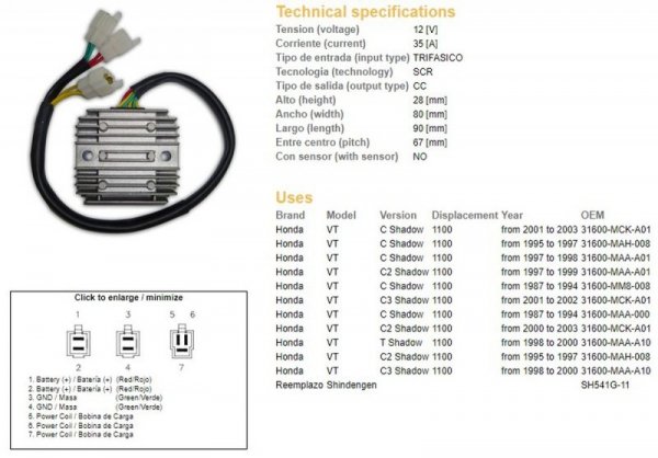 DZE REGULATOR NAPIĘCIA HONDA VT 1100C/C2/C3 SHADOW 87-03 (35A) (31600-MAH-008) (ESR120) (SH541G-11)