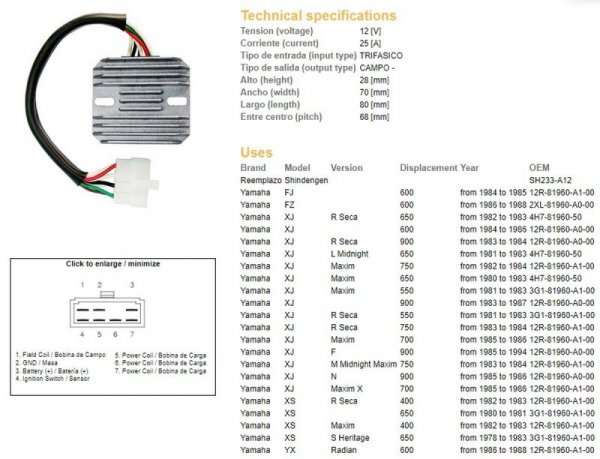 DZE REGULATOR NAPIĘCIA YAMAHA XJ 550/600/650/750/900 80-89; XS 650 78-83; YX 600 RADIAN 86-88 (12R-81960-A1-00; 4H7-81960-50; 3G