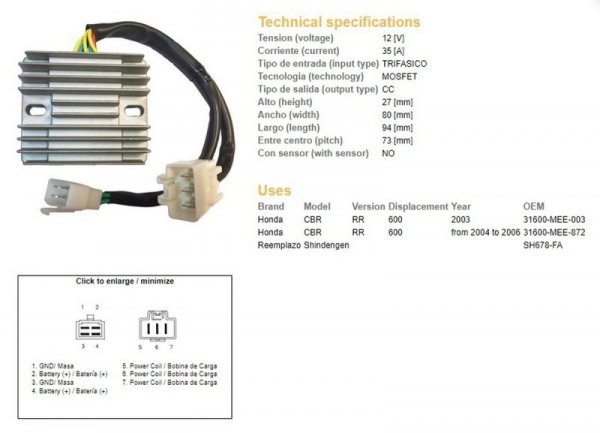 DZE REGULATOR NAPIĘCIA HONDA CBR 600RR 03-06 (SH678-FA) (31600-MEE-872)