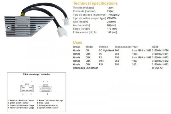 DZE REGULATOR NAPIĘCIA HONDA CB 700 NIGH HAWK 84-86; CBX 750 84-01 (31600-MJ-671, 31600-MJ1-780)