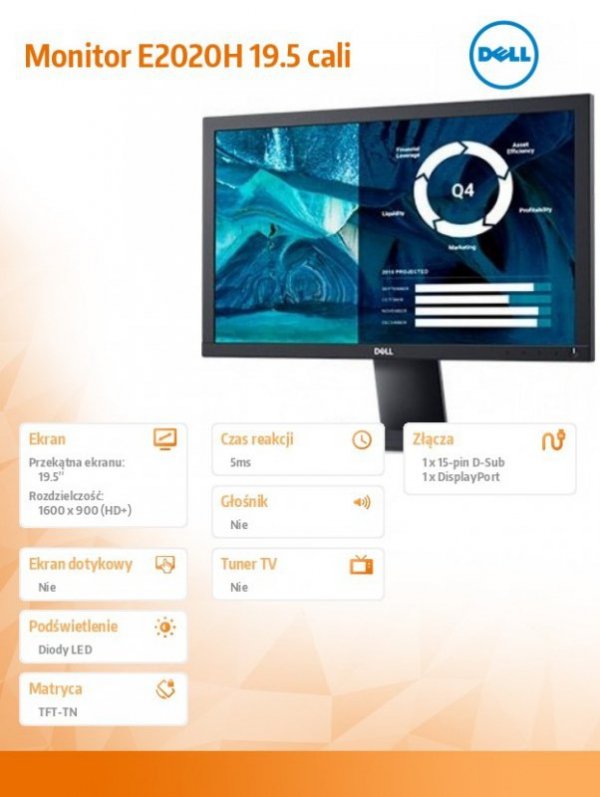 Monitor E2020H 19.5''  LED TN (1600x900) /16:9/VGA/DP 1.2/3Y PPG