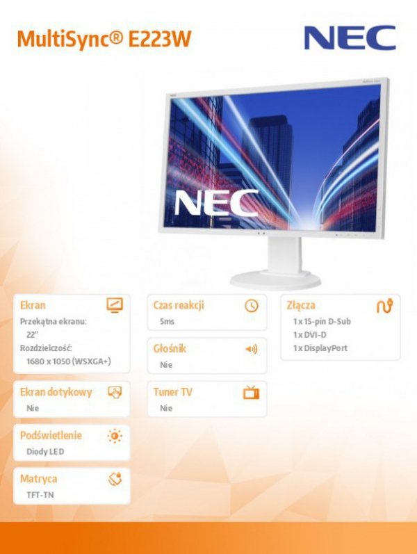 Monitor 22 cale E223W W-LED DVI, 5ms biały
