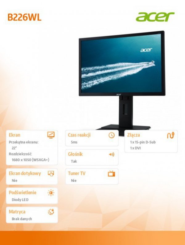 Monitor 22 cale B226WLymdr 16:10 LED 1600x1050(WSXGA+) 5ms 100M:1 DVI reg-wys pivot głośniki