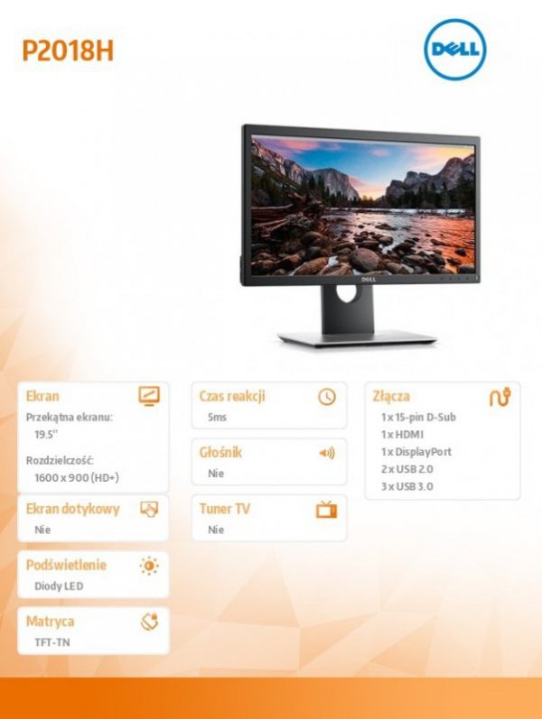 Monitor 19,5 P2018H TN LED  (1600x900) /16:9/VGA/HDMI/DP/5xUSB/3Y PPG