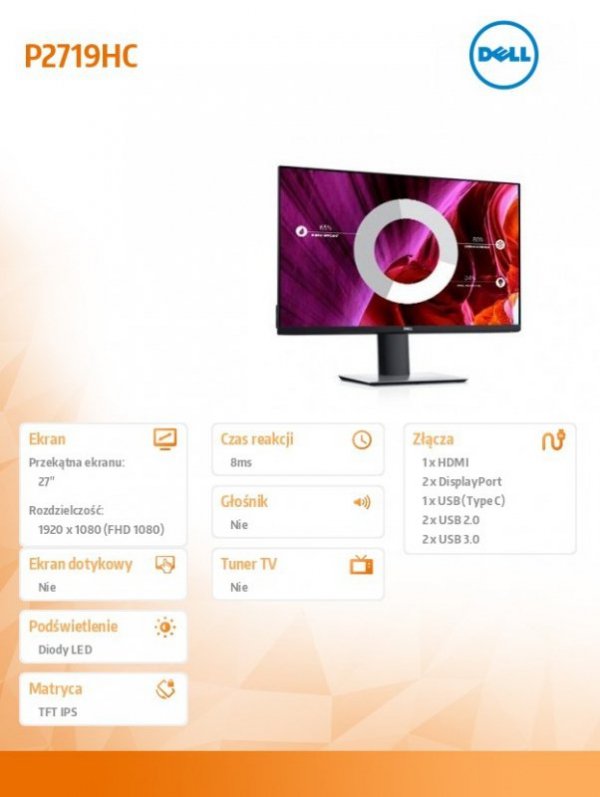 Monitor 27 cali P2719HC  IPS LED Full HD (1920x1080) /16:9/HDMI/DP/USB-C/4xUSB /3Y PPG