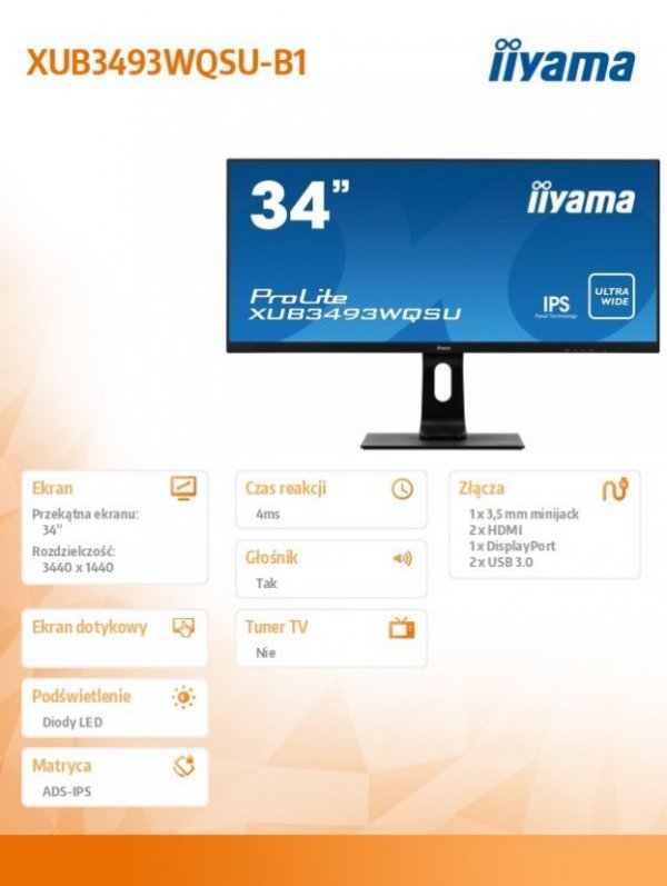 Monitor 34 cali XUB3493WQSU-B1 IPS UWQHD DP/USB/2xHDMI