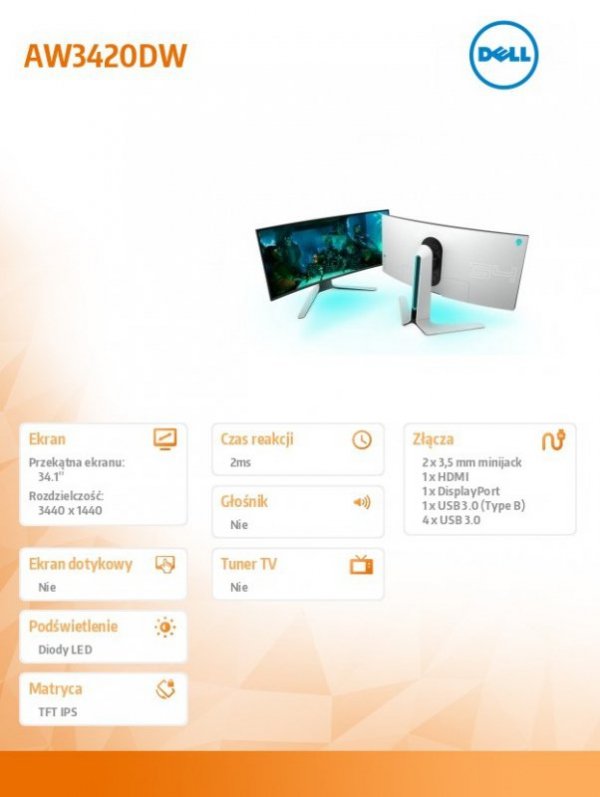 Monitor AW3420DW 34.1cala NVIDIA  G-Sync  WQHD (3440x1440) /21:9/DP(1.2)/HDMI(1.4)/4xUSB 3.0/120Hz/3Y PPG