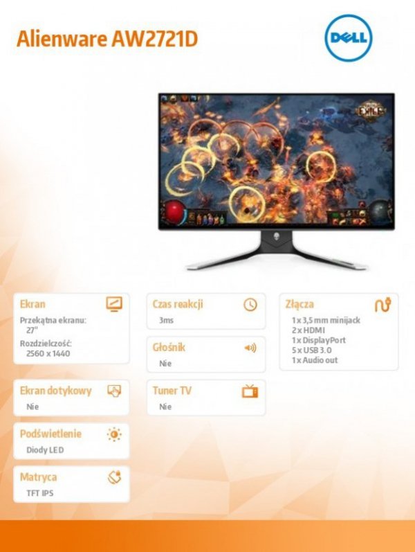 Monitor Alienware AW2721D 27 cali LED 2560x1440/HDMI/DP/USB/3Y