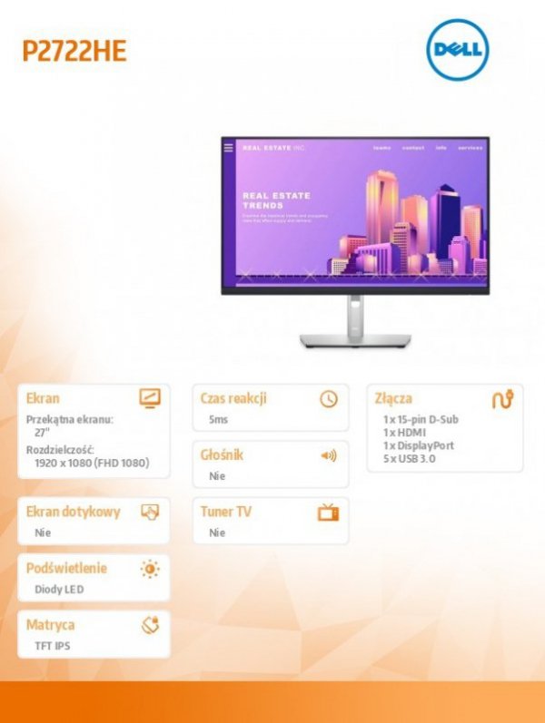 Monitor P2722H 27 cali LED IPS FHD/16:9/VGA/HDMI/DP/5Y