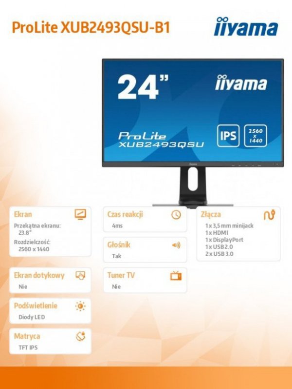 Monitor 23.8 cala XUB2493QSU-B1 IPS,QHD,HDMI,DP,USB3.0,2x2W,PIVOT