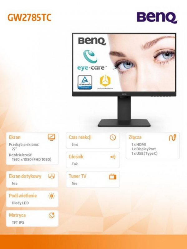 Monitor 27 cali GW2785TC LED 5ms/1000:1/IPS/GL/HDMI